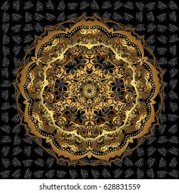 Abstract Mandala on a black background. Vector illustration. Glitter Golden Star.