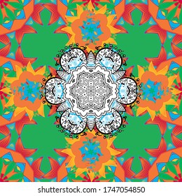 Abstract Mandala on a blue, green and orange colors. Vector illustration.