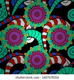 Abstract Mandala on a green, red and black colors. Vector illustration.