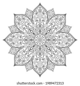 Abstract mandala. Oriental ethnic ornament. Design element. Indian pattern. Black and white illustration.