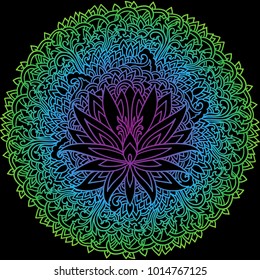 Abstract mandala ornament. Asian pattern. Gradient authentic vector illustration on black background.
