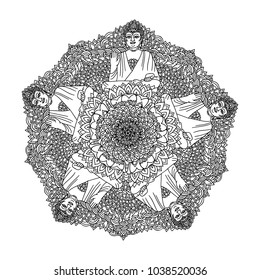 Abstract mandala ornament. Asian pattern. Black and white authentic background with Buddha. Vector illustration.