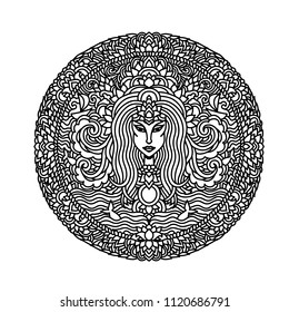 Abstract mandala ornament. Asian pattern with long hair girl face. Black and white background. Vector illustration.