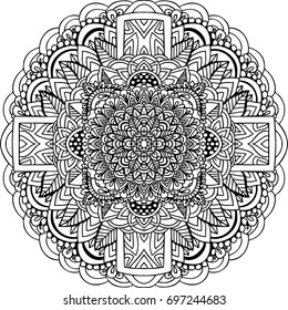 Abstract mandala ornament. Asian pattern. Black and white authentic background. Vector illustration.