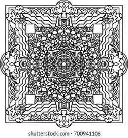 Abstract mandala ornament. Asian pattern. Black and white authentic background. Vector illustration. Tibetan tanka print.