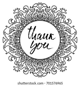 Abstract mandala ornament. Asian pattern. Black and white authentic frame. Modern dry brush lettering. Vector illustration.