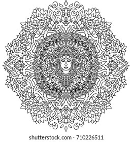 Abstract mandala ornament. Asian pattern. Black and white authentic background. Vector illustration. Budda face.