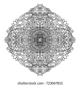 Abstract mandala ornament. Asian pattern. Black and white authentic background. Vector illustration.