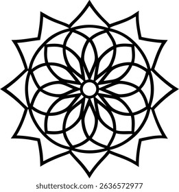 Abstract mandala pattern with black outline and symmetrical geometric line design