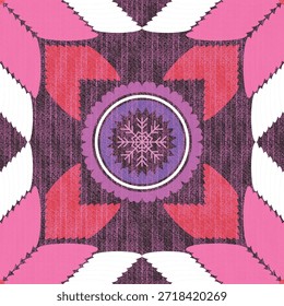 Patrón de mandala Abstractas con pétalos en forma de corazón y un centro estilo copo de nieve en tonos rosa, púrpura, rojo y blanco. Diseño simétrico con el fondo texturizado, conveniente para la tela, materia textil