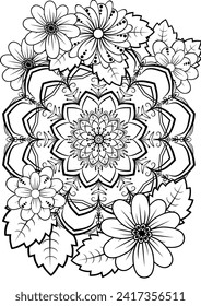 Abstract mandala pattern surrounded by abstract flowers. Mandala and flower pattern coloring pages for adults. Vector floral mandala coloring book. Simple outline patterns for coloring.
