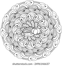 Abstract mandala with pie and pumpkin, doodle coloring page about autumn food vector illustration for design and creativity