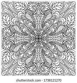 abstract mandala with plants drawn on a white background for coloring, vector, isolated