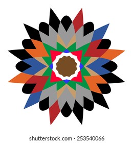 abstract mandala in red, blue, green, orange and black