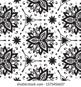 Abstract mandala  seamless pattern. Ornamental tile, mosaic background. Floral patchwork infinity card. Arabic, Indian, ottoman motifs. Vector illustration