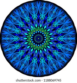 Abstract mandala shape. Decorative element for design in blue colors. Round pattern. Vector illustration.