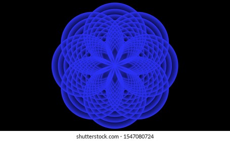 Abstract mandala in the shape of a neon blue flower against a dark background.