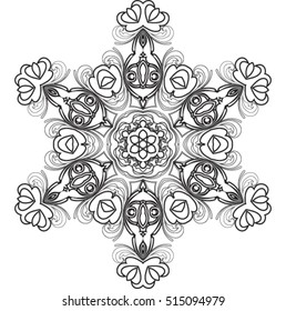 Abstract mandala snowflake line art design or coloring page. Vector illustration. Good idea for greeting cards, invitations, prints, textiles, tattoo.
