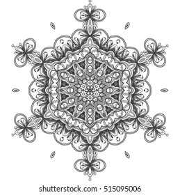 Abstract mandala snowflake line art design or coloring page. Vector illustration. Good idea for greeting cards, invitations, prints, textiles, tattoo.
