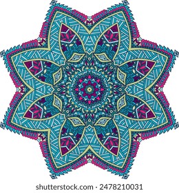 Abstractas Mandala estrella vintage étnico sin patrón ornamental. Medallón de encaje de Vector meditación diseño de estilo de arte popular en colores pastel. Doodle mandala star