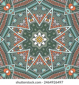 Abstract Mandala star vintage indian textile ethnic seamless pattern ornamental. Vector medallion folk art doodle style design in muted and pastel colors