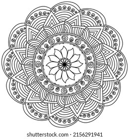 Abstract mandala with striped motifs and a flower in the center, meditative coloring pagevector illustration