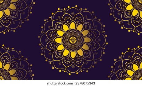 Abstract Mandala symbol in golden gradient shade in dark purple background.