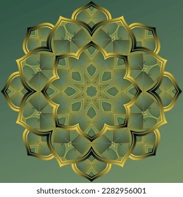 Abstract mandala textured green color combination of black with yellow gold lines