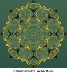 Abstract mandala textured green color combination of black with yellow gold lines