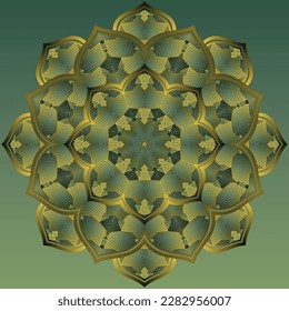 Abstract mandala textured green color combination of black with yellow gold lines