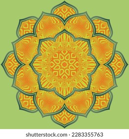 Abstract mandala textured orange color yellow combination with green lines and background