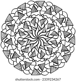 Abstract mandala with triangular motifs, doodle coloring page for creativity vector illustration