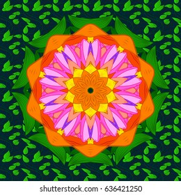Abstract Mandala. Vector illustration. Islam, Arabic, Indian, turkish, pakistan, chinese, ottoman motifs. Oriental colored pattern on blue background. Vintage decorative elements.