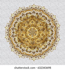 Abstract Mandala. Vector illustration. Vintage decorative elements. Islam, Arabic, Indian, turkish, pakistan, chinese, ottoman motifs. Oriental golden pattern on gray background.