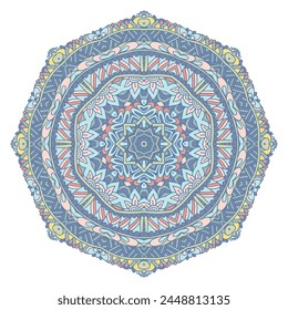 Abstractas Mandala vintage étnico sin patrón ornamental. Medallón de Vector con diseño de filigrana en tonos pastel azules. Medallón árabe Vector