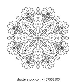 Abstract mandala or whimsical snowflake line art design or coloring page
