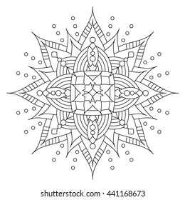 Abstract mandala or whimsical snowflake line art design or coloring page
