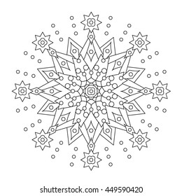 Abstract mandala or whimsical snowflake line art design or coloring page
