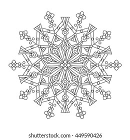 Abstract mandala or whimsical snowflake line art design or coloring page
