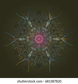 Abstract mandala or whimsical snowflake line art design. Isolated cute snowflakes on colorful background. Vector illustration.