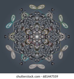 Abstract mandala or whimsical snowflake line art design. Isolated cute snowflakes on colorful background. Vector illustration.