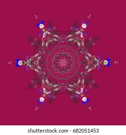 Abstract mandala or whimsical snowflake line art design. Isolated cute snowflakes on colorful background. Vector illustration.