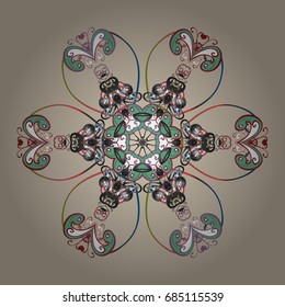 Abstract mandala or whimsical snowflake line art design. Isolated cute snowflakes on colorful background. Vector illustration.