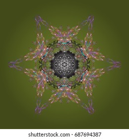 Abstract mandala or whimsical snowflake line art design. Isolated cute snowflakes on colorful background. Vector illustration.