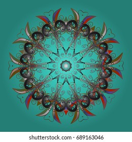 Abstract mandala or whimsical snowflake line art design. Isolated cute snowflakes on colorful background. Vector illustration.