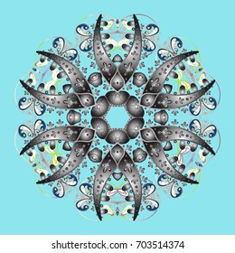 Abstract mandala or whimsical snowflake line art design. Isolated cute snowflakes on colorful background. Vector illustration.