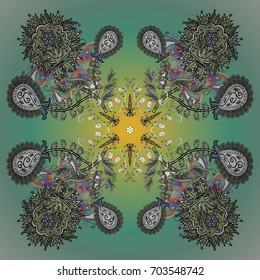 Abstract mandala or whimsical snowflake line art design. Isolated cute snowflakes on colorful background. Vector illustration.