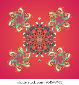 Abstract mandala or whimsical snowflake line art design. Isolated cute snowflakes on colorful background. Vector illustration.