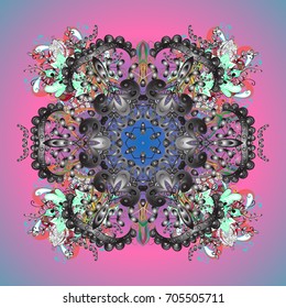 Abstract mandala or whimsical snowflake line art design. Isolated cute snowflakes on colorful background. Vector illustration.