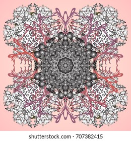 Abstract mandala or whimsical snowflake line art design. Isolated cute snowflakes on colorful background. Vector illustration.